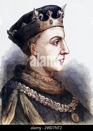 Heinrich V. (1387–1422), König von England seit 1413, 1415 nahe er den Hundertjährigen Krieg wieder auf, starb 1422 an der Ruhr, während er auf einem Feldzug seine Ansprüche auf den französischen Thron verfolgte, Mitglied der lancastrischen Dynastie, Historisch, digital restaurierte Reproduktion von einer Vorlage aus dem 19. Jahrhundert, Datum nicht angegeben Stockfoto