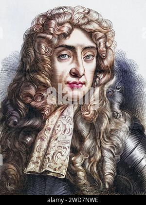 Jakob II (1633-1701) König von Großbritannien und Irland 1685-1688, Sohn von Karl I. und Bruder von Karl II., der letzte römisch-katholische König von England, er floh nach Frankreich, nach Wilhelm von Oranien (Wilhelm III.) In Torbay gelandet war, Mitglied der Stuart-Dynastie, Historisch, digital restaurierte Reproduktion von einer Vorlage aus dem 19. Jahrhundert, Datum nicht angegeben Stockfoto