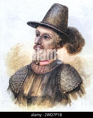 Juan Ponce de Leon (1460–1521) Spanischer Soldat und Beamter, der mit Kolumbus auf dessen zweiter Reise segelte, von der spanischen Regierung mit der Kolonisierung Puerto Ricos beauftragt, entdeckte Florida im April 1513, Historisch, digital restaurierte Reproduktion von einer Vorlage aus dem 19. Jahrhundert, Datum nicht angegeben Stockfoto