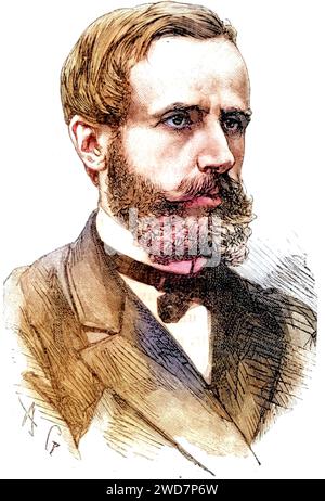 Raymond Gaston Plante (1834–1889) französischer Physiker, der 1859 den ersten Akkumulator oder elektrischen Akku erfand. Es handelte sich um eine Nasszelle mit zwei Bleiplatten, die in Schwefelsäure, dem Elektrolyt, eingetaucht waren, Stich aus Les Merveilles de la Science von Louis Figuier (Paris, um 1870), Historisch, digital restaurierte Reproduktion von einer Vorlage aus dem 19. Jahrhundert, Datum nicht angegeben Stockfoto