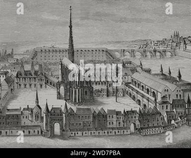 Paris, Frankreich. Das Palais und die Sainte-Chapelle im 16. Jahrhundert. Faksimile eines Stiches aus dieser Zeit. "Moeurs, usages et Kostüumes au moyen-âge et à l'époque de la Renaissance" von Paul Lacroix. Paris, 1878. Stockfoto