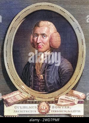 William Bowyer der Jüngere (1699–1777), bekannt als der gelernte Drucker, prominenter englischer Drucker und Autor, Drucker für das Unterhaus (1729), die Society of Antiquaries (1726) und die Royal Society (1761), nach dem Leben gezeichnet und gestochen von James Basire (1730–1802), historisch, digital restaurierte Reproduktion von einer Vorlage aus dem 19. Jahrhundert, Datum nicht angegeben Stockfoto