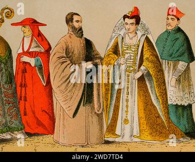 Geschichte Italiens. 1500. Von links nach rechts, 4: kardinal, 5: Prokurator des heiligen Markus, 6: Ehefrau des Dogen, 7: kardinal. Chromolithographie. "Historia Universal", von César Cantú. Band VIII, 1881. Stockfoto