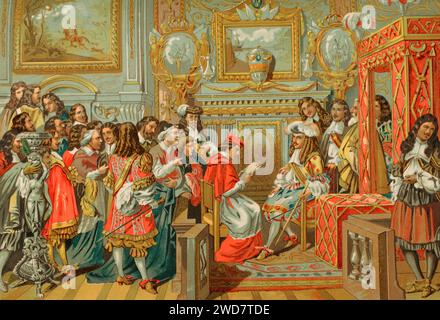 Ludwig XIV., bekannt als „der Sonnenkönig“ (1638–1715). König von Frankreich (1643-1715). Kabinett von Ludwig XIV. Von Frankreich. Chromolithographie. "Historia Universal", von César Cantú. Band VIII, 1881. Stockfoto