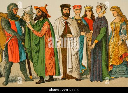 Geschichte Deutschlands. Mittelalter. 1200. Von links nach rechts Ritter, Juden, Ritter des Deutschen Ordens und Adelsfrauen. Chromolithographie. "Historia Universal", von César Cantú. Band X, 1881. Stockfoto