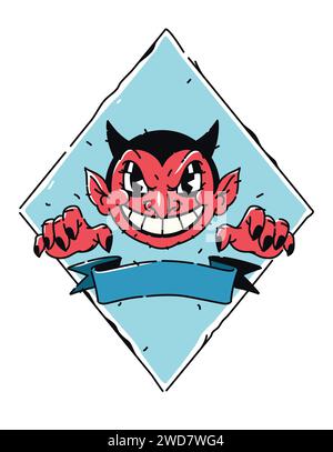 Illustration eines niedlichen roten Dämons. Vektor. Teufel, Luzifer ist ein Cartoon, kein Kindercharakter. Heldenmaskottchen für Comics. Bild für T-Shirt-Design. Stock Vektor