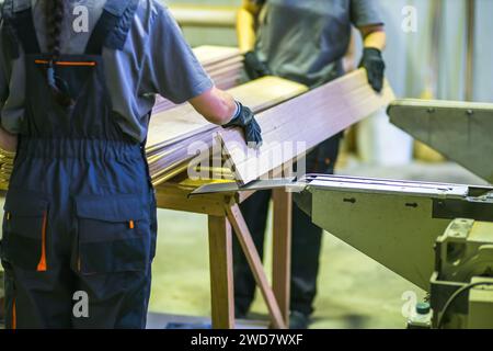 Arbeitnehmerinnen, die mit Dielen in Holzverarbeitungsfabriken arbeiten Stockfoto