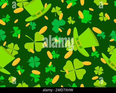 Nahtloses Muster mit Goldmünzen, grünen Kleeblättern und Leprechaun Hut für St. Patrick's Day. Symbole des irischen Feiertags. Festliches Design für die Wand Stock Vektor