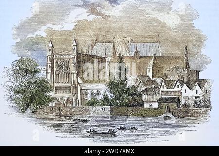 Houses of Parliament London England Ansicht vom Fluss aus in der Zeit von John Hampden 1594 - 1643 aus Old England's Worthies von Lord Brougham und anderen veröffentlicht London um 1880's, Historisch, digital restaurierte Reproduktion von einer Vorlage aus dem 19. Jahrhundert, Datum nicht angegeben Stockfoto