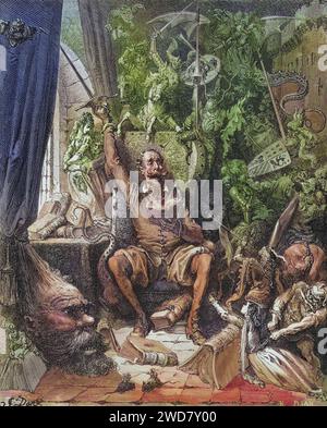 Illustration von Gustave Dore (1832-1883) für Don Quijote inmitten seiner Bücher in seiner Bibliothek aus Don Quijote von Miguel de Cervantes Saavedra, Historisch, digital restaurierte Reproduktion von einer Vorlage aus dem 19. Jahrhundert, Datum nicht angegeben Stockfoto