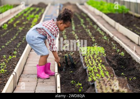 Afrikanisches schwarzes Kind beim Pflanzen des grünen Baumes in der Landwirtschaft. Kinder lieben das Naturkonzept. Stockfoto