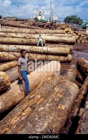 Elfenbeinküste, Abidjan; Arbeiter stehen auf großen Holzstämmen in einem Lager am Fluss. Stockfoto