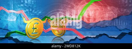 Bullisches gbp gestoppt durch bärischen inr. Devisenmarkt 3D-Darstellung von britischem Pfund in indischer Rupie. Währung als goldene Münzen dargestellt Stockfoto