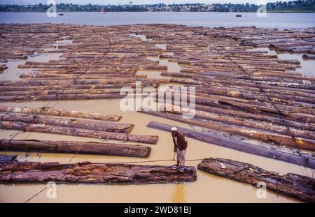 Elfenbeinküste, Abidjan; Holzstücke in der Bucht von Banco warten auf den Transport per Schiff. Ein Wächter geht auf den Baumstämmen. Stockfoto