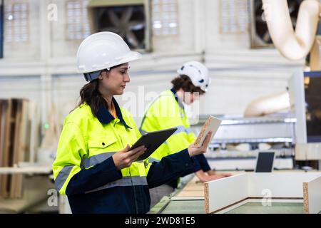 Mitarbeiter des Ingenieurteams, die in der Steuerung der Holzmöbelfabrik arbeiten, bedienen die Holzschneidemaschine Stockfoto