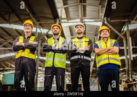 Ein männliches Ingenieurteam, das in der Schwerindustrie arbeitet, steht zusammen. Eine Gruppe professioneller Mitarbeiter arbeitet glücklich und selbstbewusst zusammen. Stockfoto
