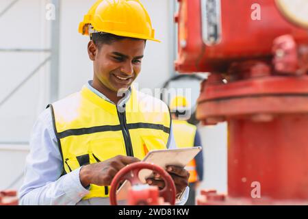 Zufriedene indische Ingenieure, Sicherheitsmitarbeiter, Arbeitssteuerung, Ventile, Gasleitungen, Ölindustrie Stockfoto