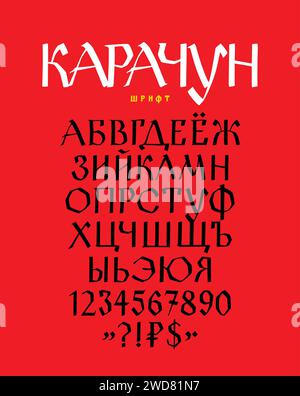 Russische Schriftart für ethnische Herkunft. Vektor. Altes russisches mittelalterliches Alphabet mit Zahlen und Zeichen. Handgeschriebener düsterer Charter. Russische Gotik. Der Alphabettitel hat Stock Vektor