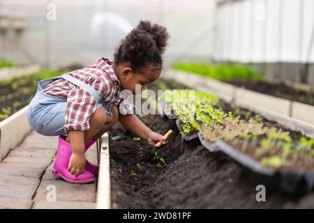 Afrikanisches schwarzes Kind beim Pflanzen des grünen Baumes in der Landwirtschaft. Kinder lieben das Naturkonzept. Stockfoto