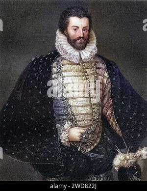 Sir Christopher Hatton, 1540-1591. Günstling von Elisabeth I. und Lordkanzler von England von 1587-1591. Aus dem Buch Lodge's British Portraits erschienen in London 1823., Historisch, digital restaurierte Reproduktion von einer Vorlage aus dem 19. Jahrhundert, Datum nicht angegeben Stockfoto