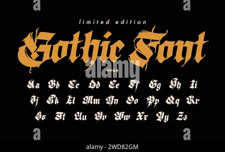 Modernes gotisches, vollständiges englisches Alphabet. Vektor. Lateinische Buchstaben in Mittelbuchstaben und Großbuchstaben. Zeichen und Symbole für Design. Antiker europäischer Stil. Ca Stock Vektor