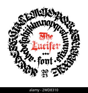 Modernes gotisches, vollständiges englisches Alphabet. Vektor. Lateinische Buchstaben in Mittelbuchstaben und Großbuchstaben. Zeichen und Symbole für Design. Antiker europäischer Stil. Ca Stock Vektor