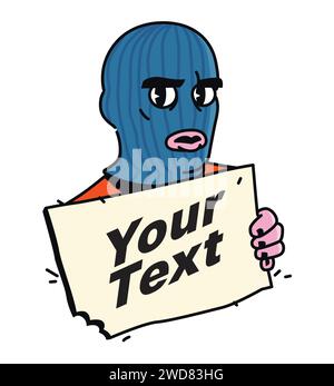 Illustration eines Charakters, der eine Sturmmaske trägt. Vektor. Aufkleber einer Zeichentrickfigur mit einem Schild für Ihre Designprojekte. Eine Nachricht für Th Stock Vektor