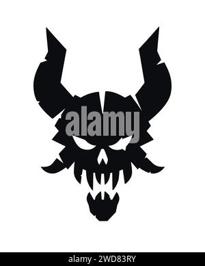 Dämonenschädel mit Hörnern. Vektor. Silhouette eines zahnartigen Teufels mit Hörnern. Heldenmaskottchen für Comics oder Sportspiele. Bild für T-Shirt-Design. Gothic Mod Stock Vektor