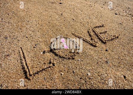 Zeitlose Liebe: „Liebe“ am Strand in einer rosafarbenen Sanduhr, wo Romantik auf den Sand ewiger Momente trifft Stockfoto