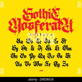 Modernes gotisches, vollständiges englisches Alphabet. Vektor. Lateinische Buchstaben in Mittelbuchstaben und Großbuchstaben. Zeichen und Symbole für Design. Antiker europäischer Stil. Ca Stock Vektor