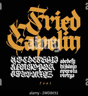 Modernes gotisches, vollständiges englisches Alphabet. Vektor. Lateinische Buchstaben in Mittelbuchstaben und Großbuchstaben. Zeichen und Symbole für Design. Antiker europäischer Stil. Ca Stock Vektor