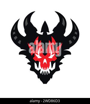 Dämonenschädel mit Hörnern. Vektor. Silhouette eines zahnartigen Teufels mit Hörnern. Heldenmaskottchen für Comics oder Sportspiele. Bild für T-Shirt-Design. Gothic Mod Stock Vektor