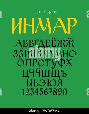 Ethnische Schriftart Udmurt. Vektor. Altes Udmurtisches mittelalterliches Alphabet mit Zahlen. Handgeschriebener düsterer Charter. Udmurter Gotik. Der Alphabettitel enthält die Buchstaben r Stock Vektor