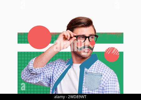 Kreative Zeichnung Collage Bild von hübschen lustigen Gentleman Schnurrbart Touch Brille aussehen leer Raum seltsamer Freak bizarr ungewöhnliche Fantasie Stockfoto