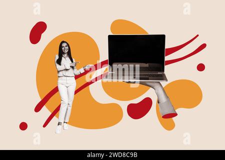 Horizontale Retro-kreative Fotocollage einer jungen attraktiven glücklichen Frau, die auf große Hand zeigt, die Laptop Online-Arbeitsstudie hält Stockfoto