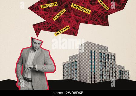Horizontales, kreatives Bild-Collage-Foto eines besorgten, überdenkenden Geschäftsmannes, der seine Armbanduhr anschaut und Angst hat, ein wichtiges Treffen zu spät zu treffen Stockfoto