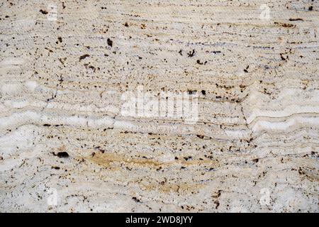Detail aus beigem Travertin-Marmor-Wandfliesen mit poröser Textur Stockfoto