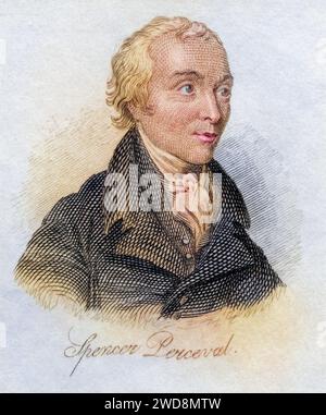 Spencer Perceval 1762-1812 britischer Staatsmann und Premierminister von 1809 bis zu seiner Ermordung im Jahr 1812 aus dem Buch Crabbs Historical Dictionary aus 1825, Historisch, digital restaurierte Reproduktion von einer Vorlage aus dem 19. Jahrhundert, Datum nicht angegeben Stockfoto