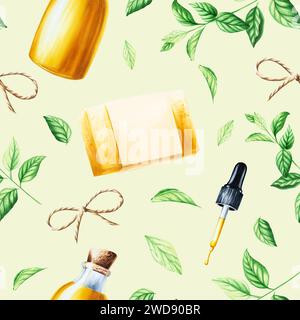 Nahtloses Aquarellmuster mit Glasflasche, Seife, Pipette mit Öl, Garnschleife und frischen Pfefferminzblättern isoliert auf Hintergrund. Schönheit im Detail Stockfoto