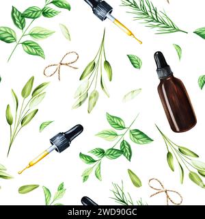 Aquarellmuster mit aromatischen Kräutern und Serumflaschen. Illustrationen von frischem Rosmarin, Minze, Salbei isoliert auf Hintergrund. Detail von b Stockfoto