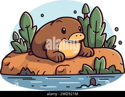 Niedlicher Cartoon Platypus, der auf dem Felsen sitzt. Vektorabbildung. Stock Vektor