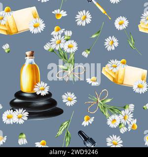 Aquarellnahtloses Muster mit weißer Gänseblümchenblume Illustration und Ölglasflasche mit Korkkappe auf einer Holzsäge und Seife isoliert auf Hintergrund. Stockfoto