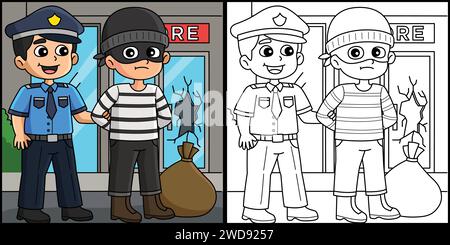 Polizist verhaftet einen Dieb. Coloring Illustration Stock Vektor