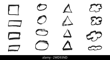 Pinsel und Elemente für Notizen, die Text hervorheben. Quadrate Kreise Dreiecke und Wolken. Vektorabbildung... Stock Vektor