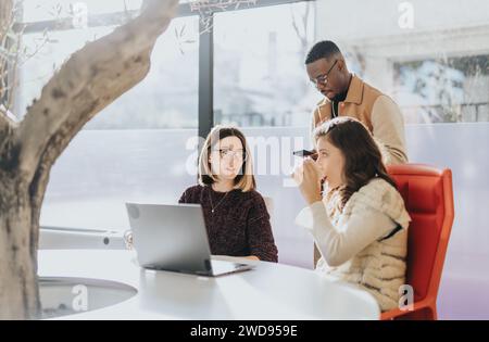 Generationenübergreifendes Team, das Laptops zur Analyse von Marktdaten und zur Besprechung von Projektdetails verwendet. Stockfoto