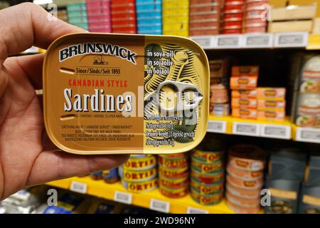 Leicht zu öffnende Sardinendose in einem Supermarkt Stockfoto