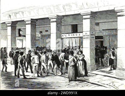 24.07.1872, La Ilustración Española y Americana, Atentado contra los reyes de España en la noche del 18 b (zugeschnitten) Demostracion hostil contra la taberna de la calle de Ciudad-Rodrigo, donde se concertó el complot del regicidio. Stockfoto