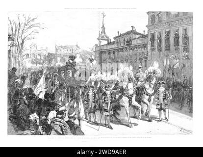 1878-01-30, La Ilustración Española y Americana, Paso de la comitiva regia por la calle de Alcalá, delante del Ministerio de la Guerra. Stockfoto