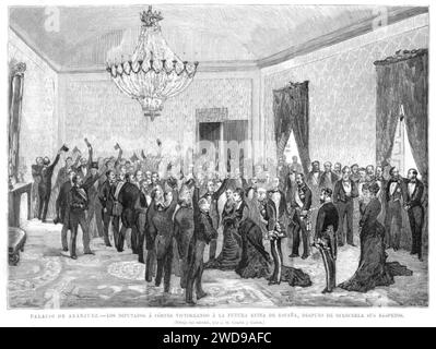 1878-01-30, La Ilustración Española y Americana, Palacio de Aranjuez, Los diputados á Cortes victoreando á la futura reina de España, después de ofrecerla sus respetos, Comba. Stockfoto