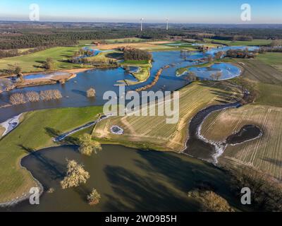 Haltern am See, Nordrhein-Westfalen, Deutschland - Hochwasser an der Lippe, Fluss im Ruhrgebiet, die Felder, die landwirtschaftlichen Flächen der Bauern am nächsten Tag Stockfoto